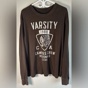 Vintage Campus Crew Mens Brown Long Sleeve Shirt Varsity Indian Chief Logo XL